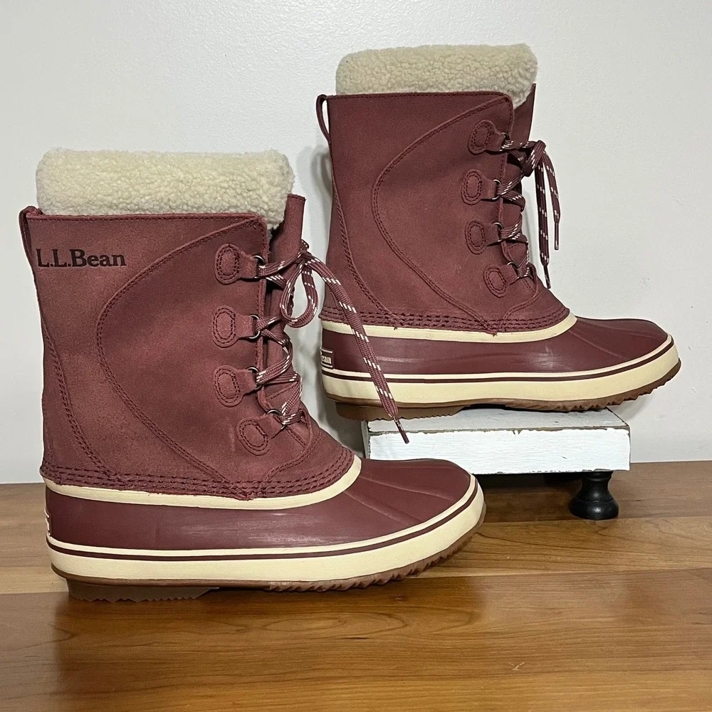 LL Bean Womens Wildcat Boots Burgundy Wine Fleece Lined Snow Duck Boots 9 284882